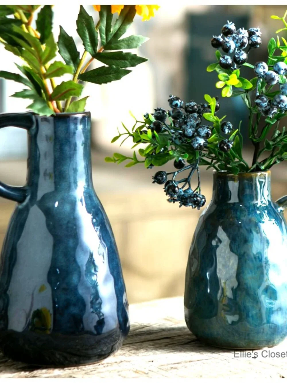Blue Glazed Ceramic Vase Set of 2 with Handles, Farmhouse Decor, Centerpiece